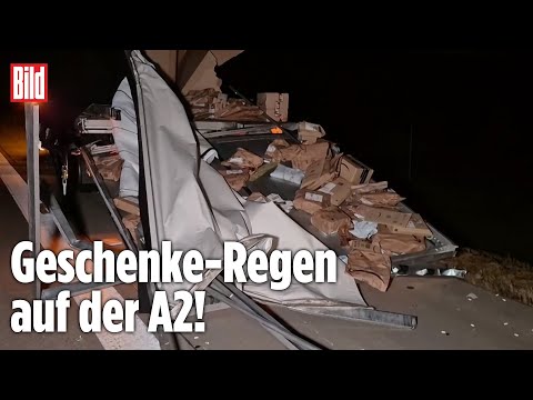 GESCHENKE-REGEN AUF DER A2: Amazon-Laster reißt Ladefläche auf – Pakete überall! GESCHENKE-REGEN AUF DER A2: Amazon-Laster reißt Ladefläche auf – Pakete überall!